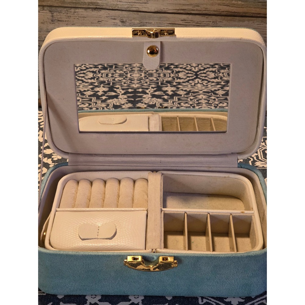 Jewelry Box Organizer Storage Case Teal Suede Faux Leather Mirror Handle Lock - Picture 5 of 12